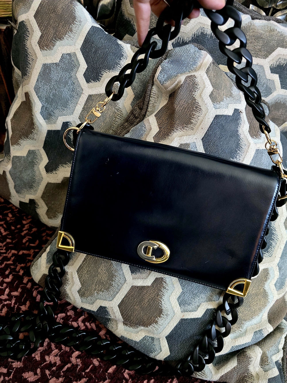 Vintage Christian Dior Black Leather Shoulder Bag with Gold Hardware